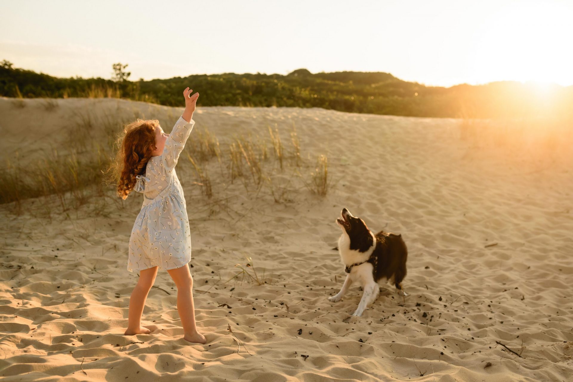 Happy little girl and dog playing together on the beach.