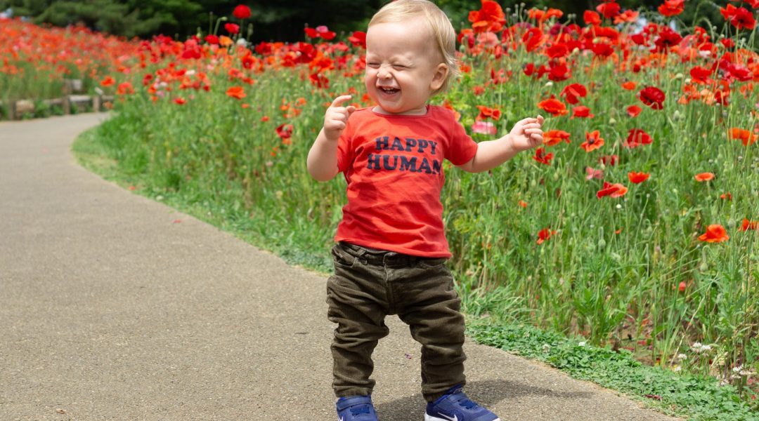 Happy toddler walking on a path next to some flowers.