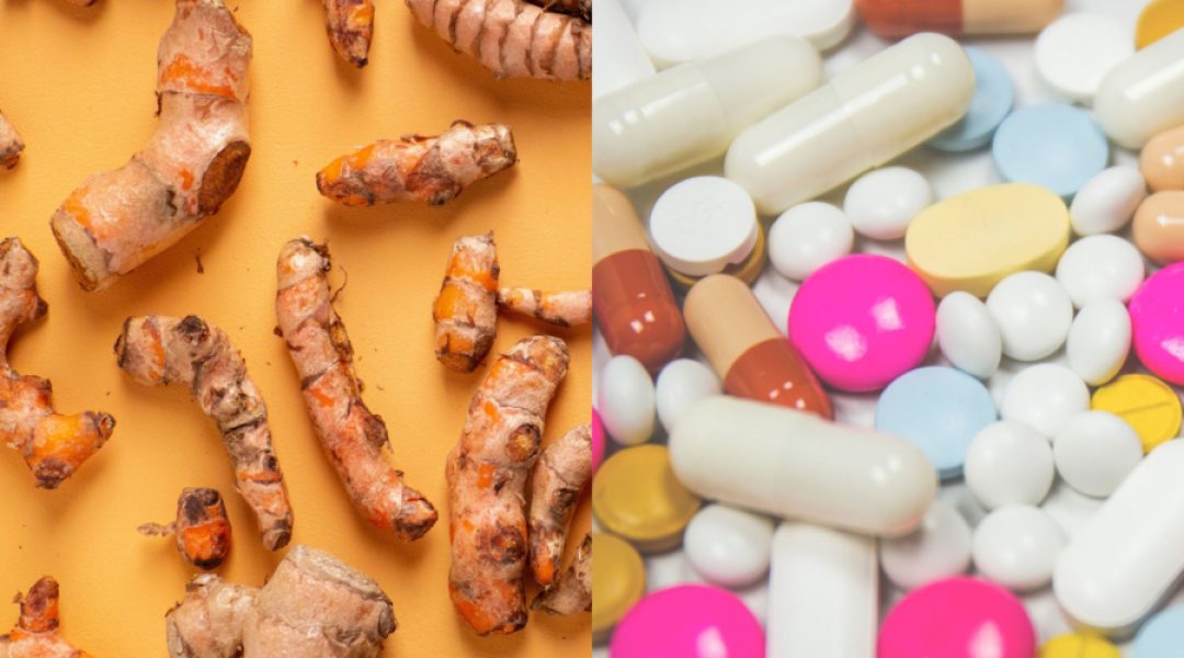 Anti-inflammatory herb turmeric and anti-inflammatory drugs are side-by-side.